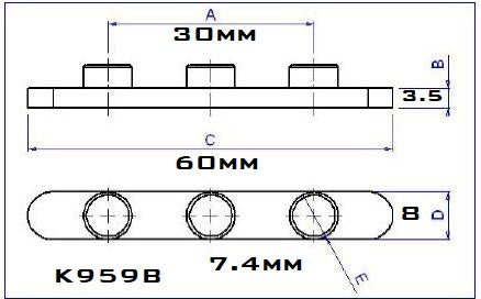 Axle Key 3 Peg 7.5mm on 30mm centers X 60mm Long ,X 3.5mm Tall X 8mm wide
