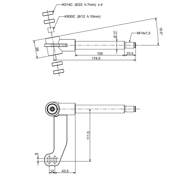 SPINDLE FOR 100cc  17mm  10. 5ø  SHORT WITH 8mm KING PIN BEARINGS