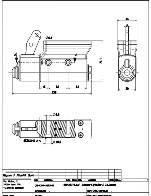 Brake Pump Minikart with clear reservoir to check fluid level, Black anodized