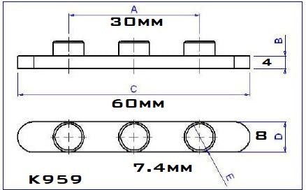 Axle Key, 3 Pegs are 30mm on Center x 7.5mm Diameter X 4mm Tall X 60mm Long