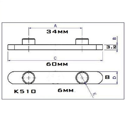 Axle Key 6mm Pegs on 34mm Centers X 60mm Length X 8mm Width X 3.2 Thickness